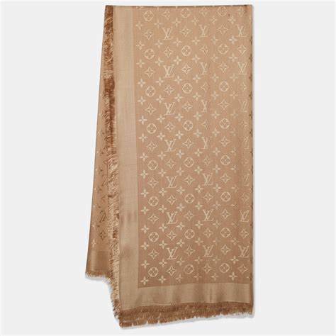 LOUIS VUITTON Silk Wool Monogram Shawl Cappuccino